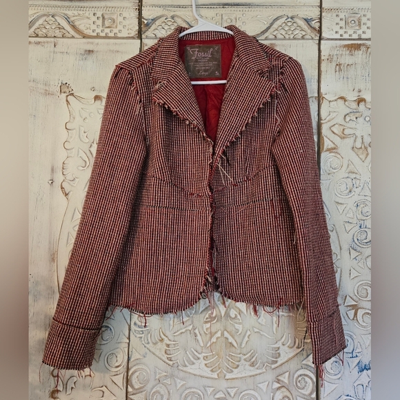Fossil Jackets & Blazers - Womens Fossil Vintage Fitted Blazer Red Striped Raw Edges Layering Large